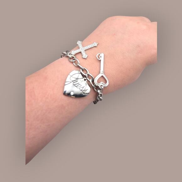 Guess Heart Key Cross Silver Charm Bracelet with Rhinestones - Picture 2 of 10